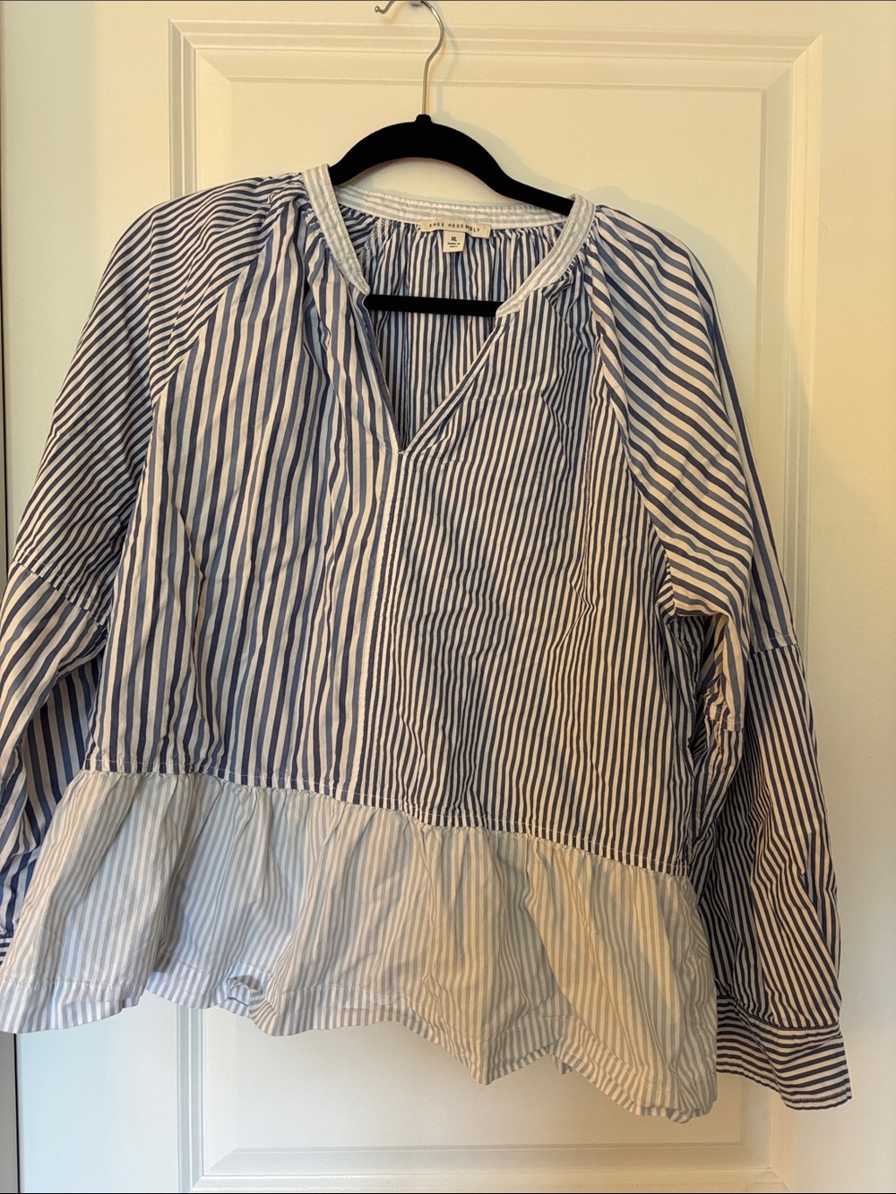 Women’s Blue and White Striped Peplum Blouse - Lightweight V-Neck